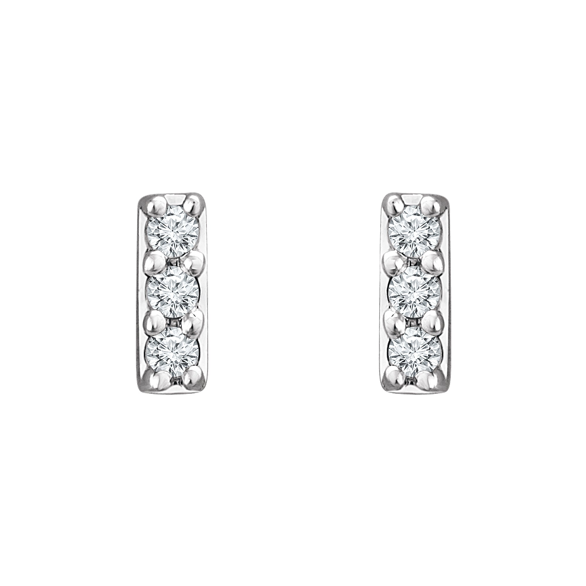 14K gold diamond stud earrings with three round brilliants in vertical bar setting
