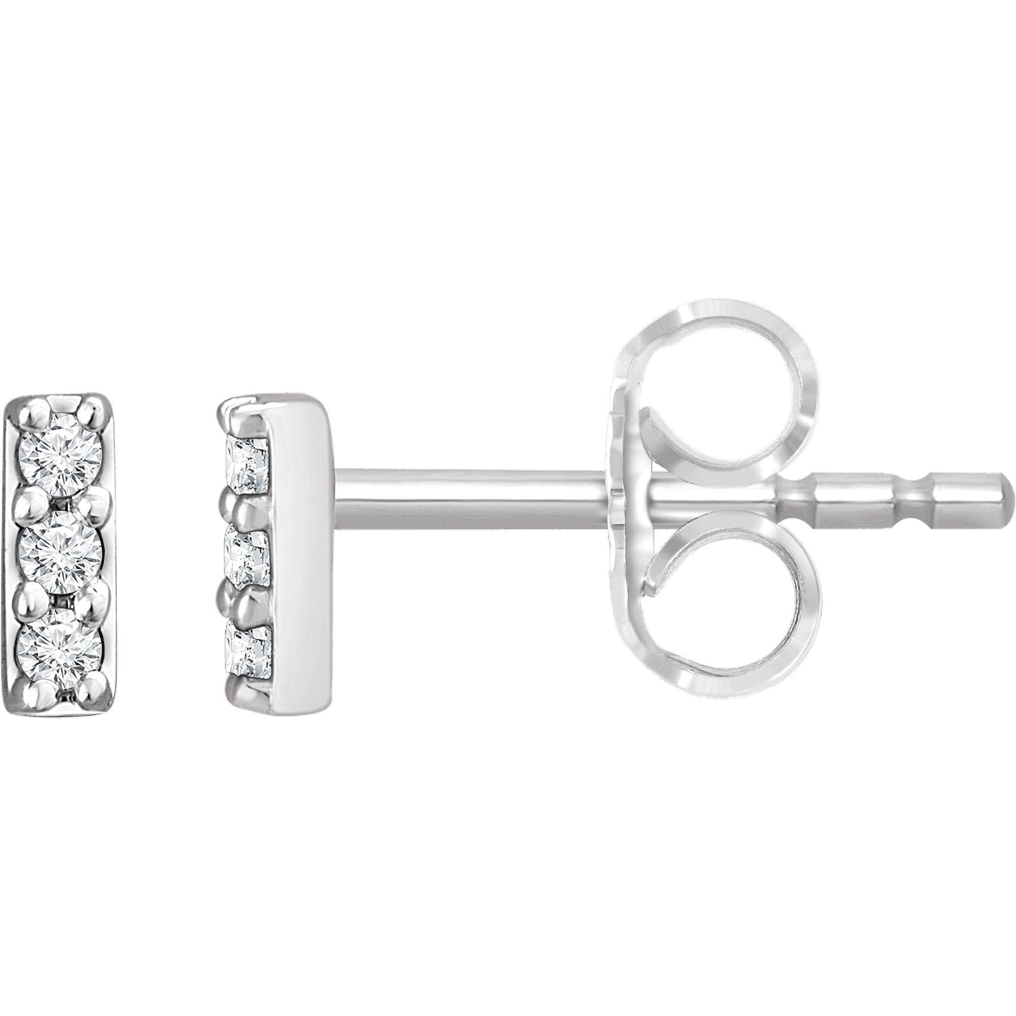 14K gold diamond stud earrings with three round diamonds in a vertical bar setting, perfect for everyday wear