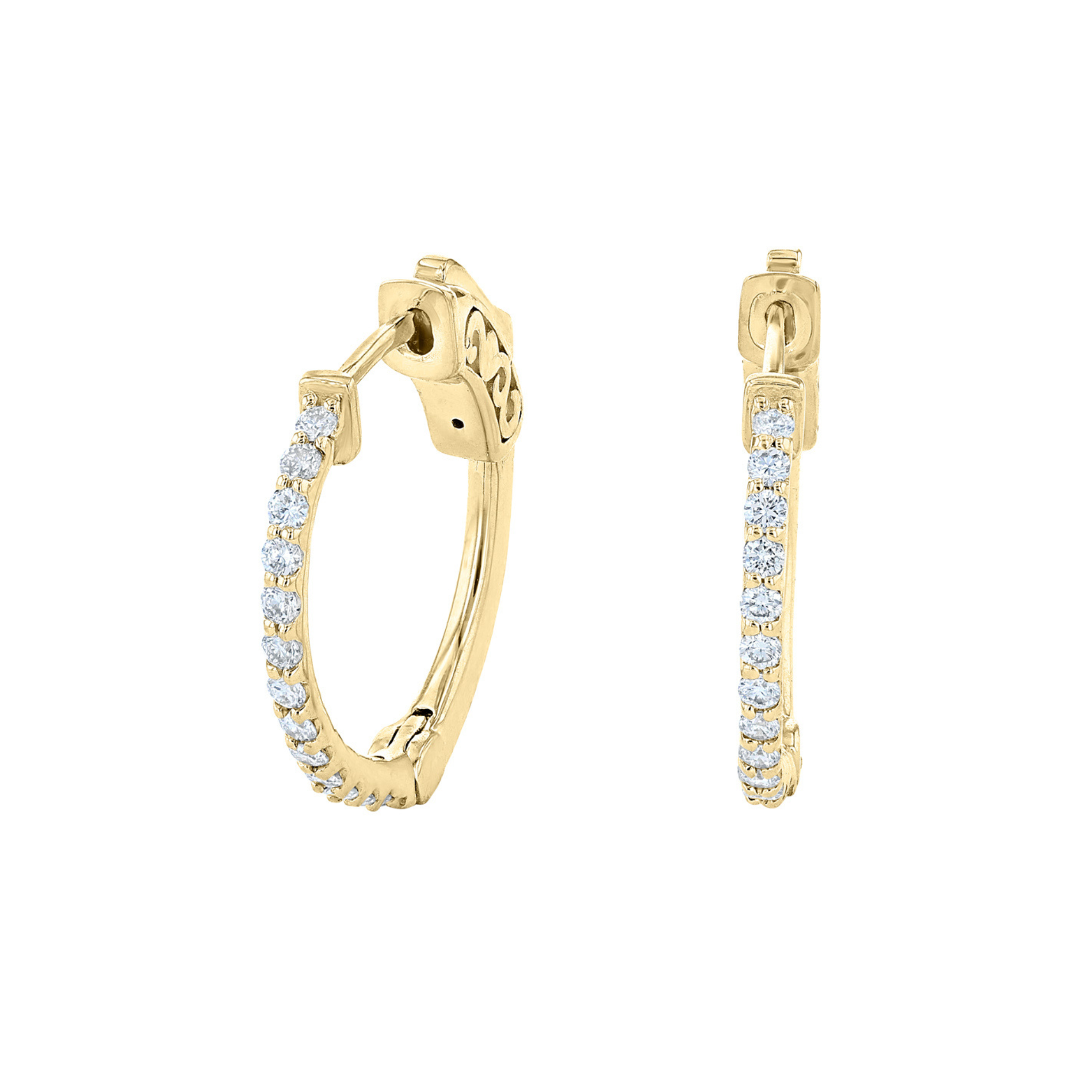 14K gold diamond hoop earrings with pave set stones, timeless fine jewelry for everyday wear