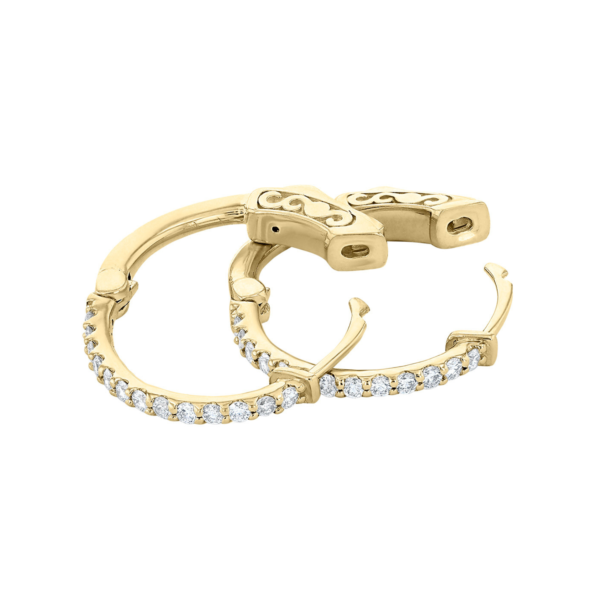 14K gold diamond hoop earrings with intricate scroll clasp, timeless fine jewelry for everyday wear