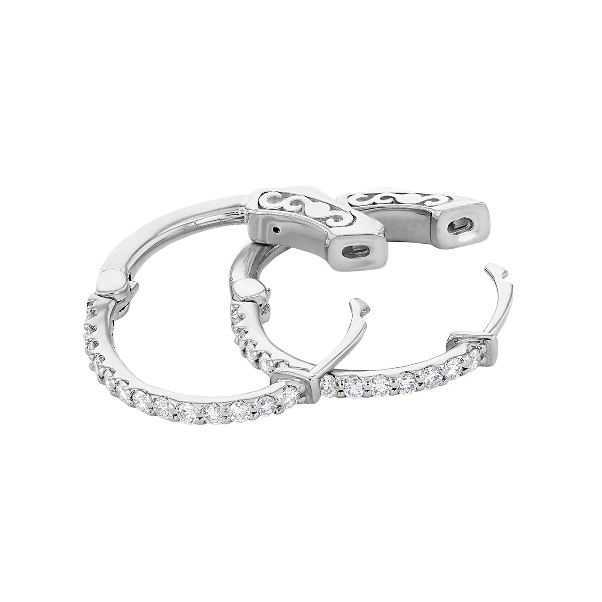 14K gold diamond hoop earrings with intricate scroll detailing, perfect for everyday wear