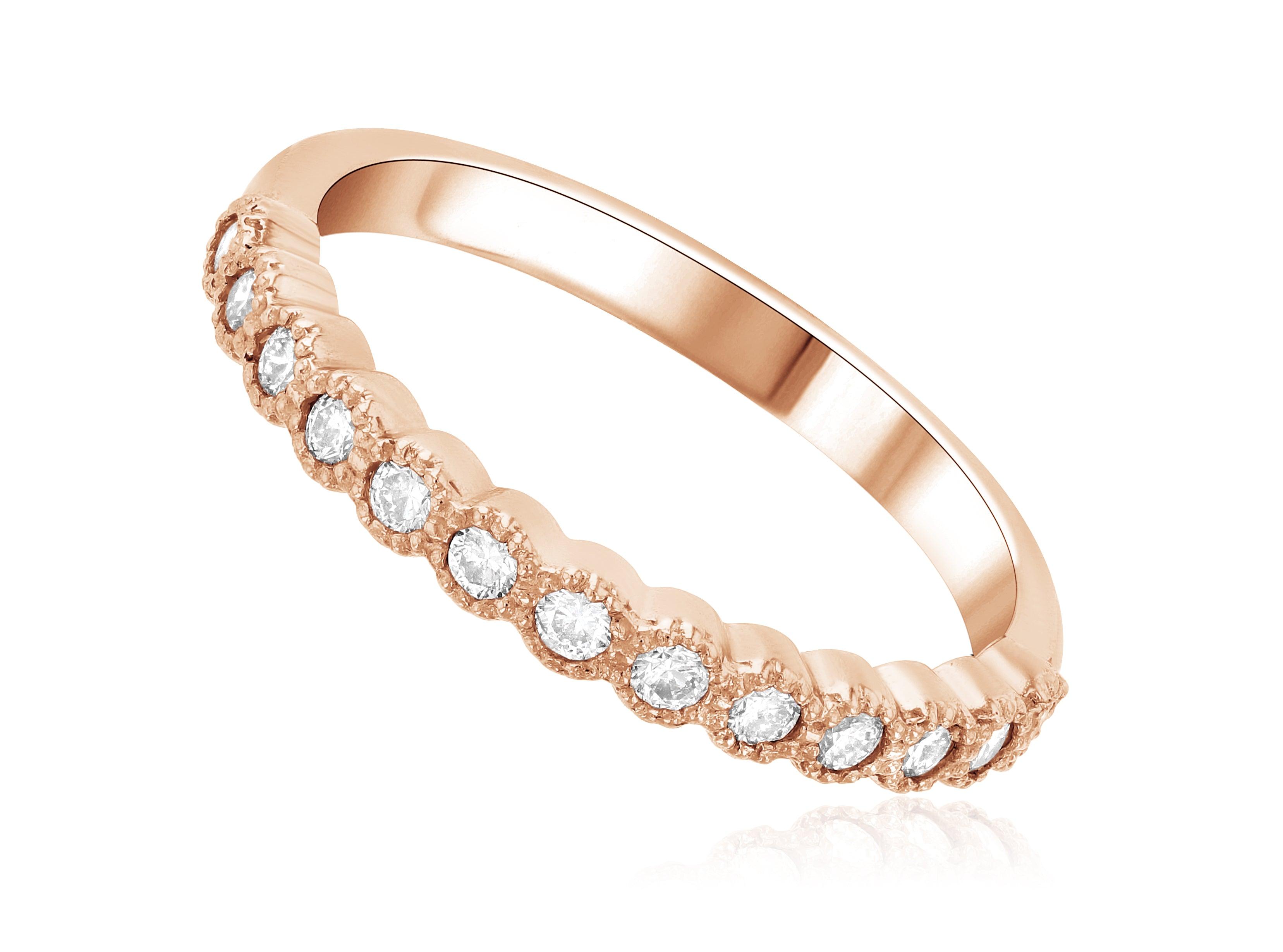 Rose gold diamond eternity band, 14K fine jewelry with round brilliant stones set in scalloped design