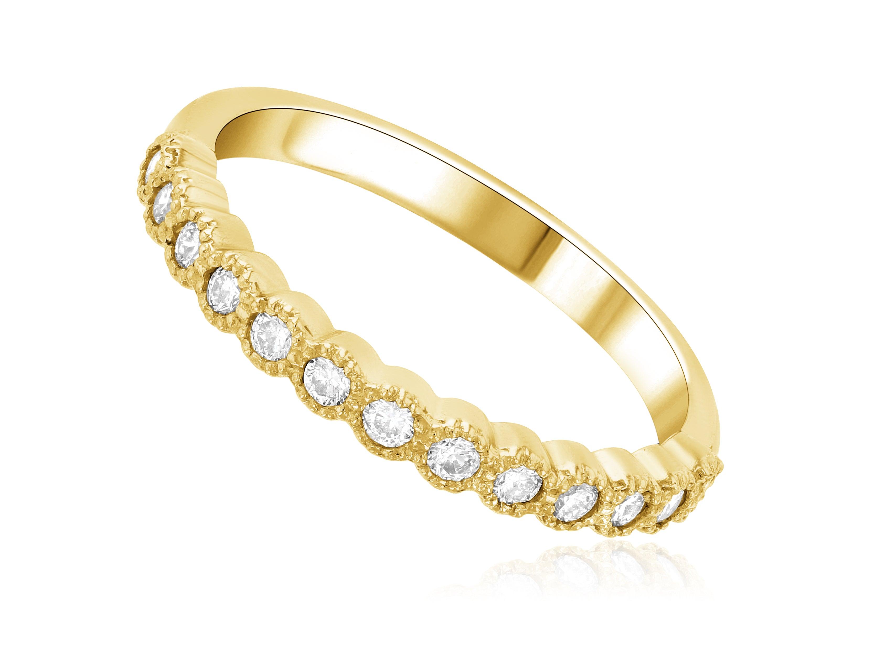 14K gold diamond eternity band with scalloped edge, timeless fine jewelry for everyday wear