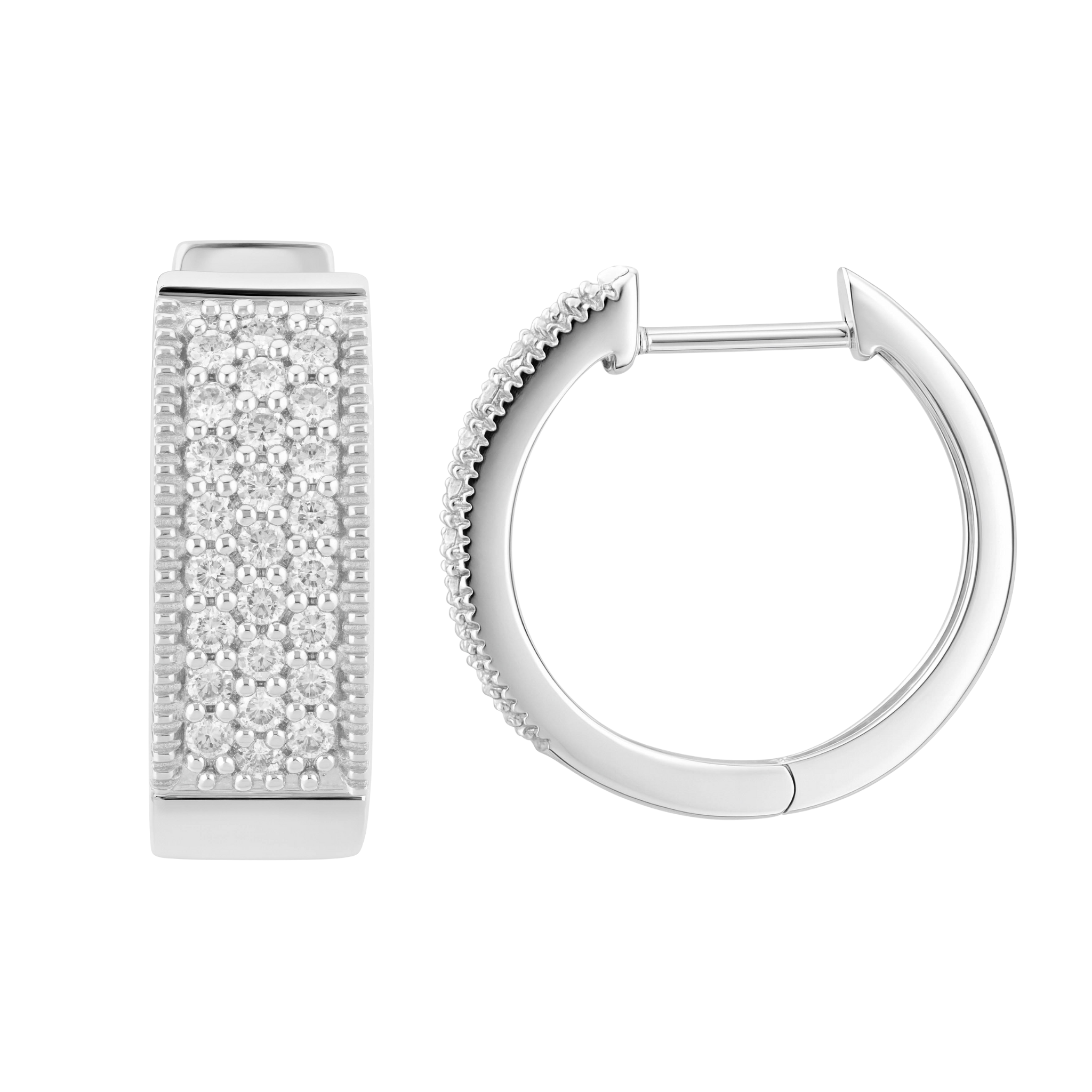 14K white gold diamond hoop earrings with pavé and textured detailing, timeless fine jewelry