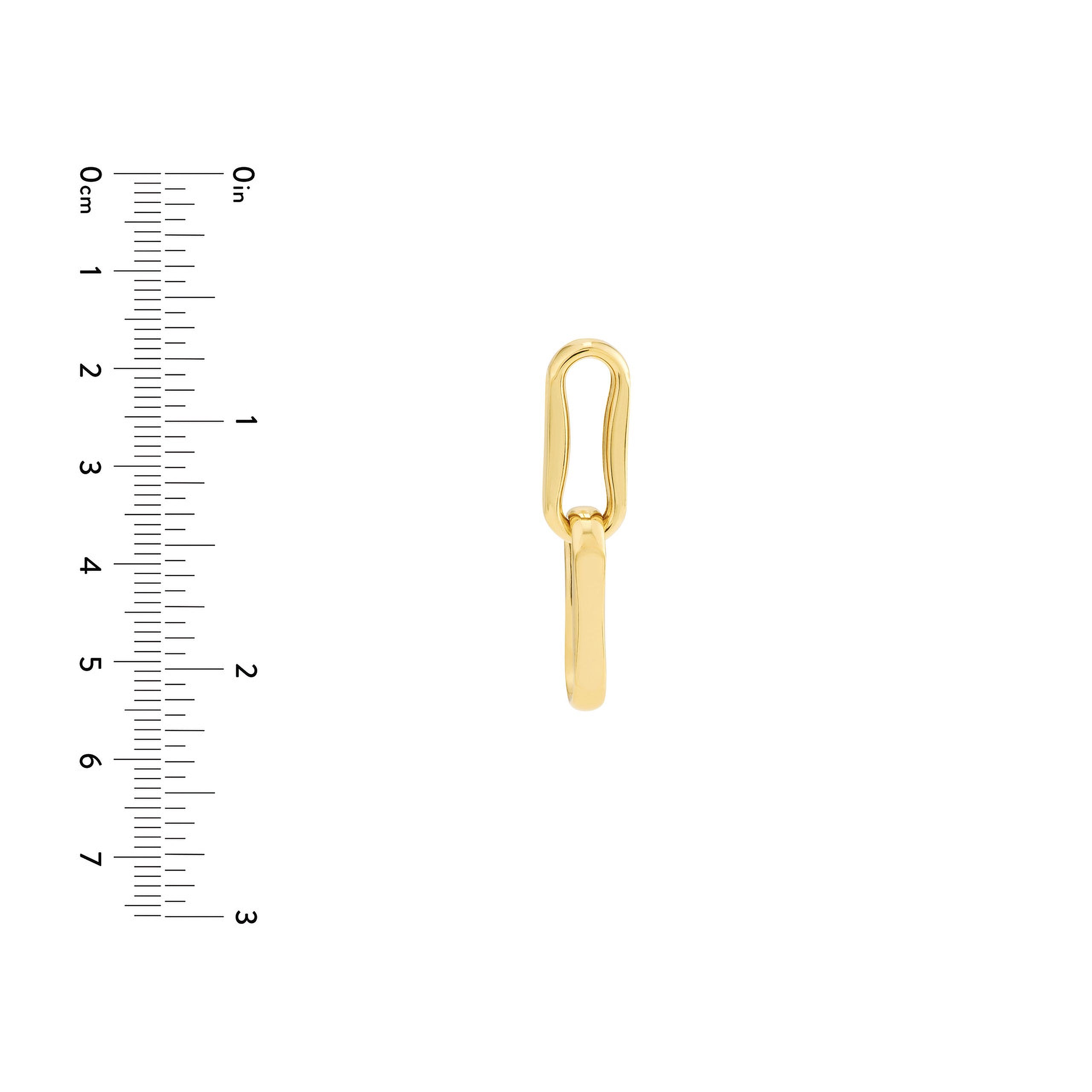 14K gold oval link charm with ruler for scale, fine jewelry detail