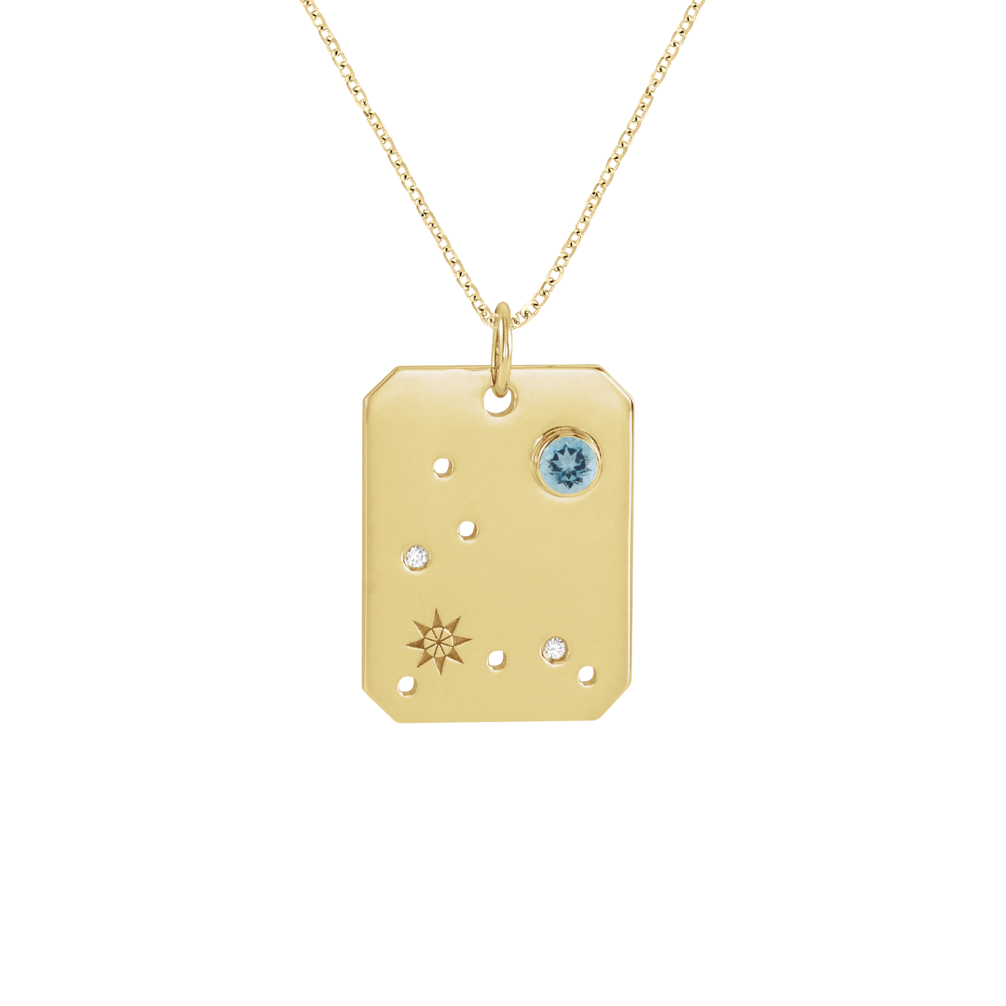14K gold pendant necklace with blue topaz, diamonds, and star design on dog tag charm