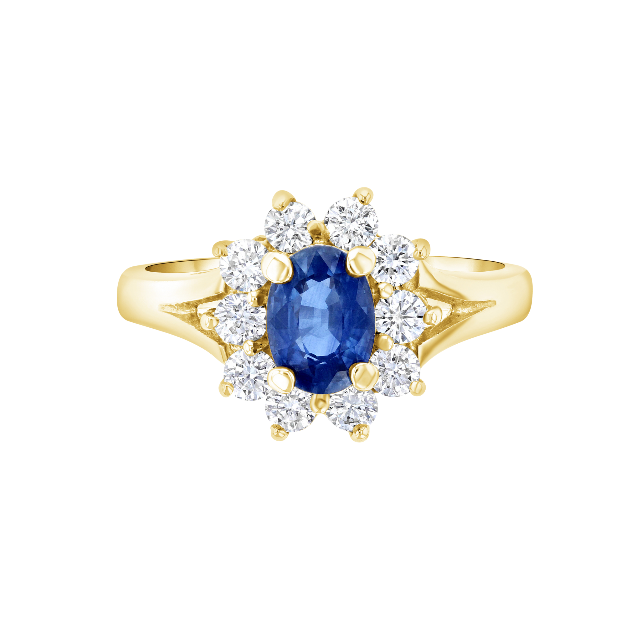 14K gold ring with oval blue sapphire and diamond halo, timeless fine jewelry design