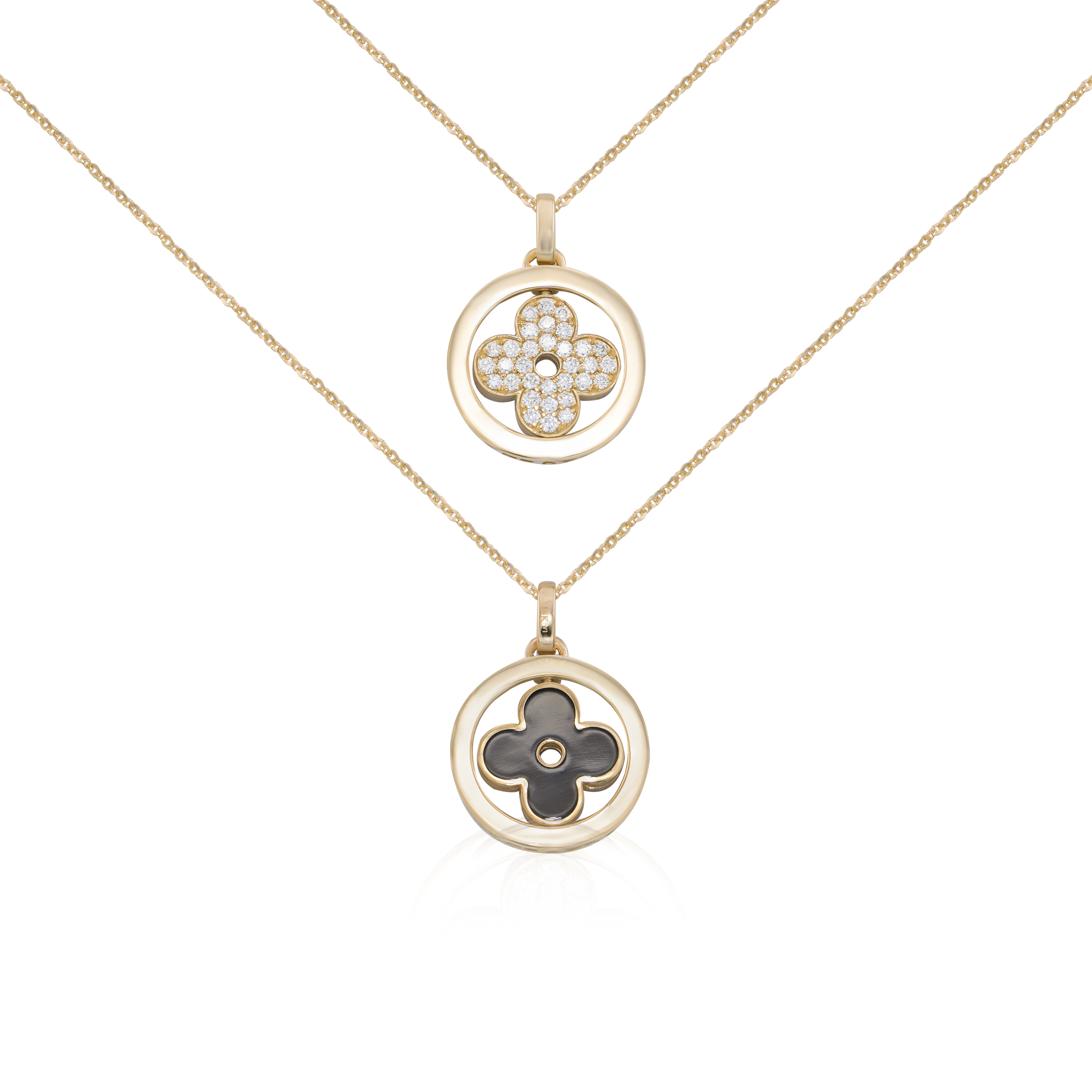 14K gold necklaces with diamond and onyx clover pendants, timeless fine jewelry for everyday wear