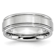 Men's 14K white gold wedding band with brushed center and polished edges, timeless fine jewelry design