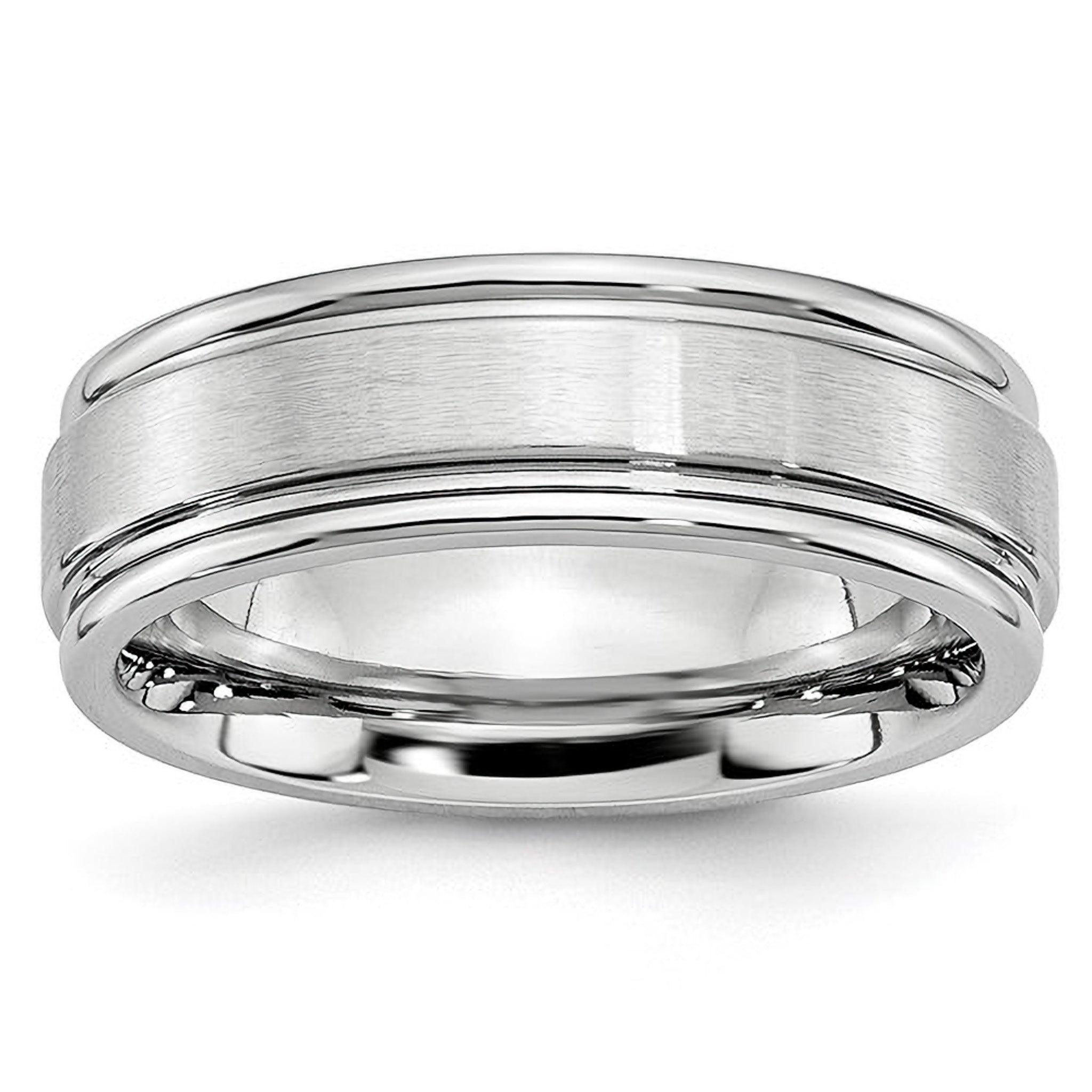 Men's 14K white gold wedding band with brushed center and polished edges, timeless fine jewelry design