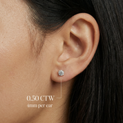 Diamond stud earring, 0.50 CTW, 4mm, worn on earlobe, timeless fine jewelry