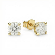 14K gold diamond stud earrings with round brilliant cut stones, classic four-prong setting