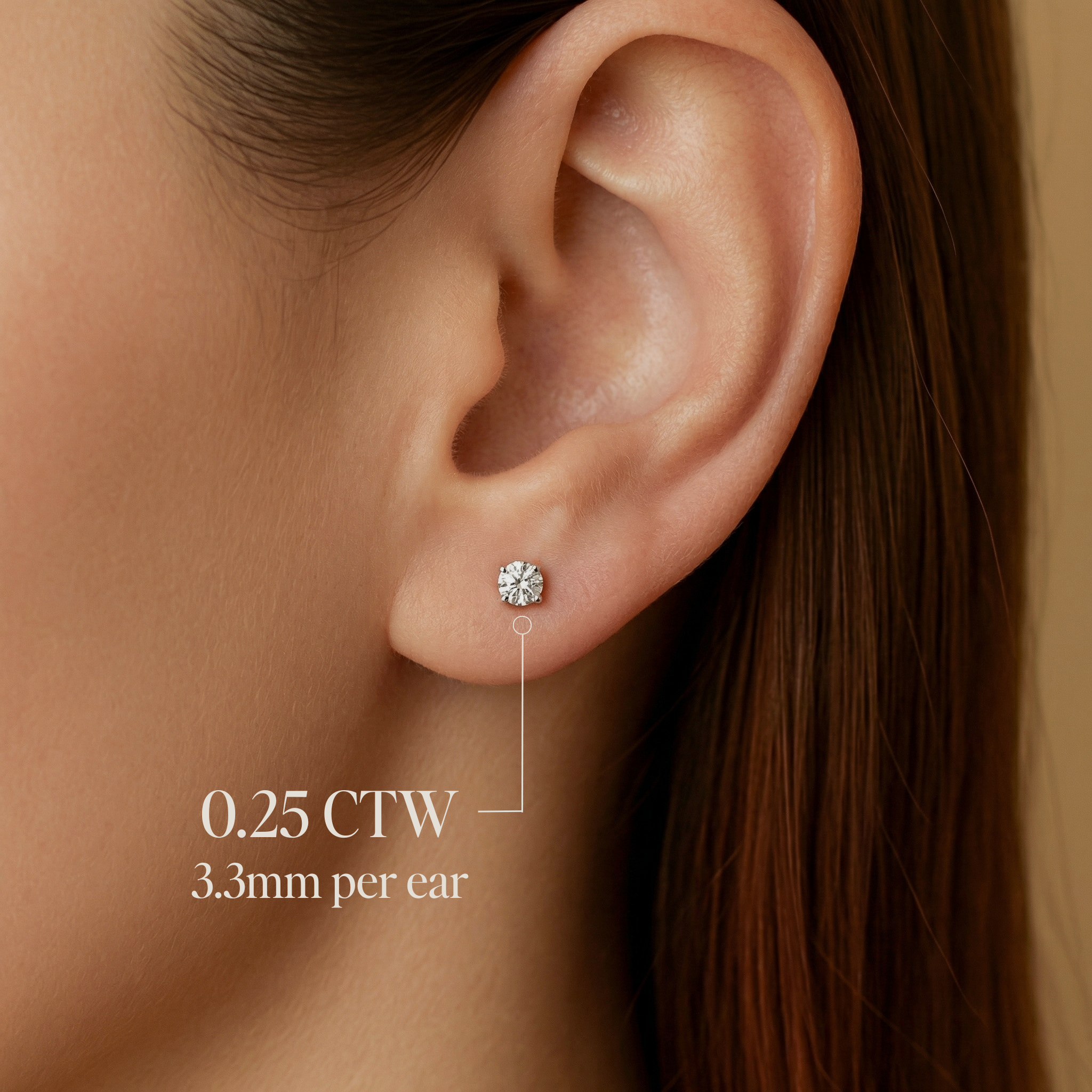 0.25 CTW diamond stud earring, 3.3mm, worn on earlobe — timeless fine jewelry for everyday wear