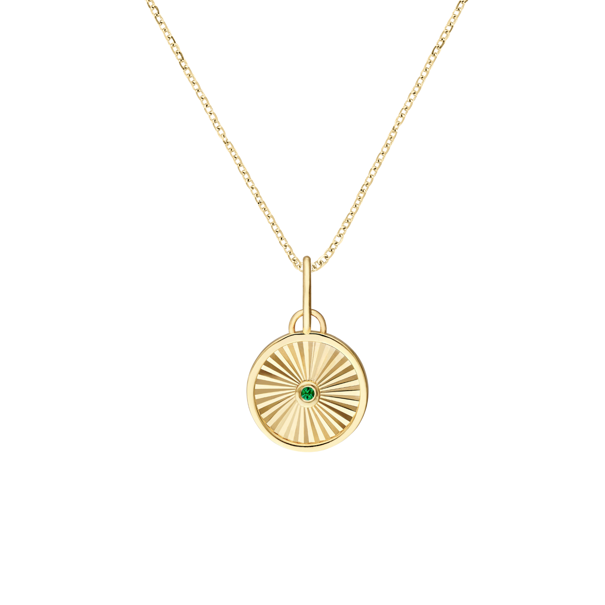 14K gold necklace with sunburst pendant and green gemstone, timeless fine jewelry for everyday wear