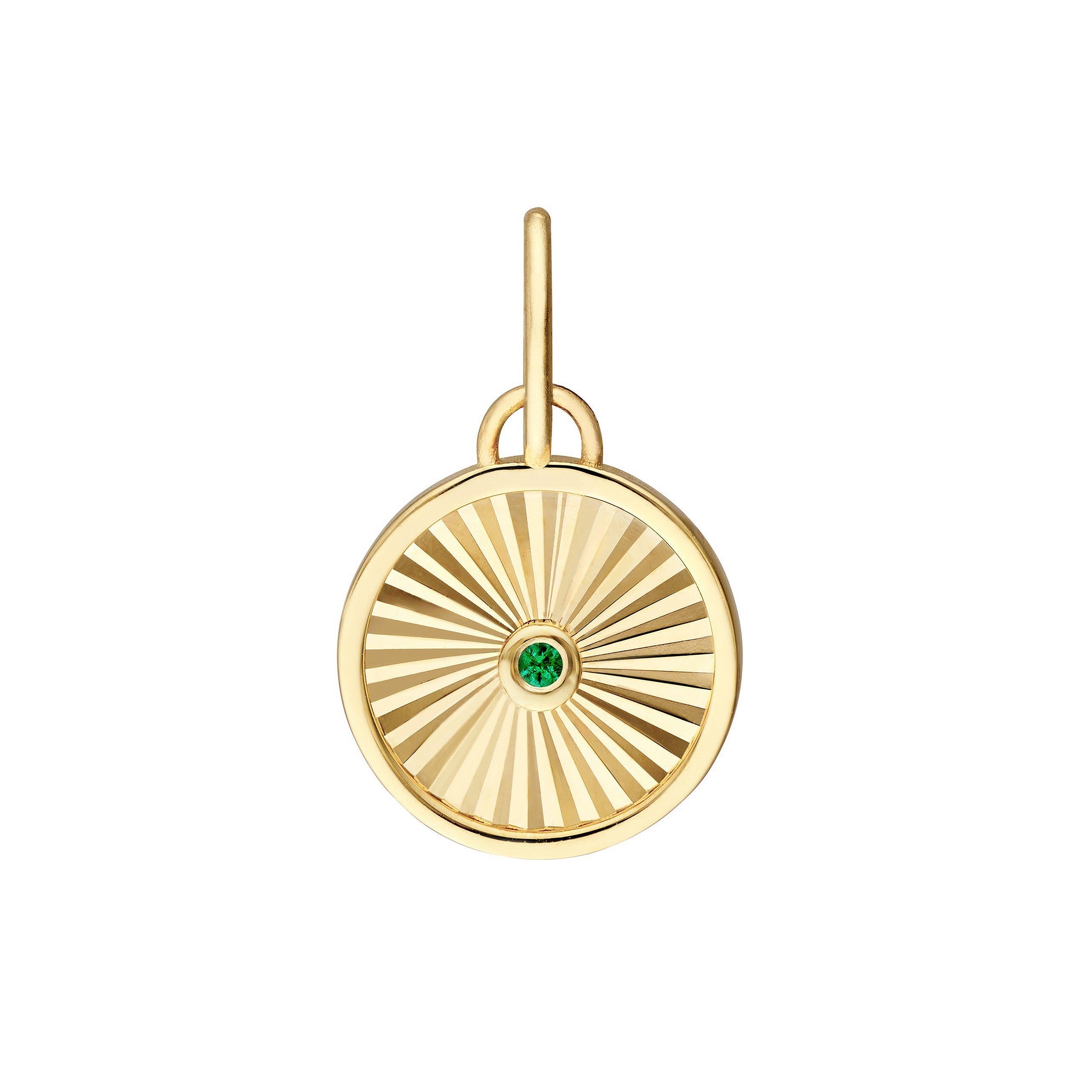 14K gold pendant with sunburst design and emerald center, timeless fine jewelry