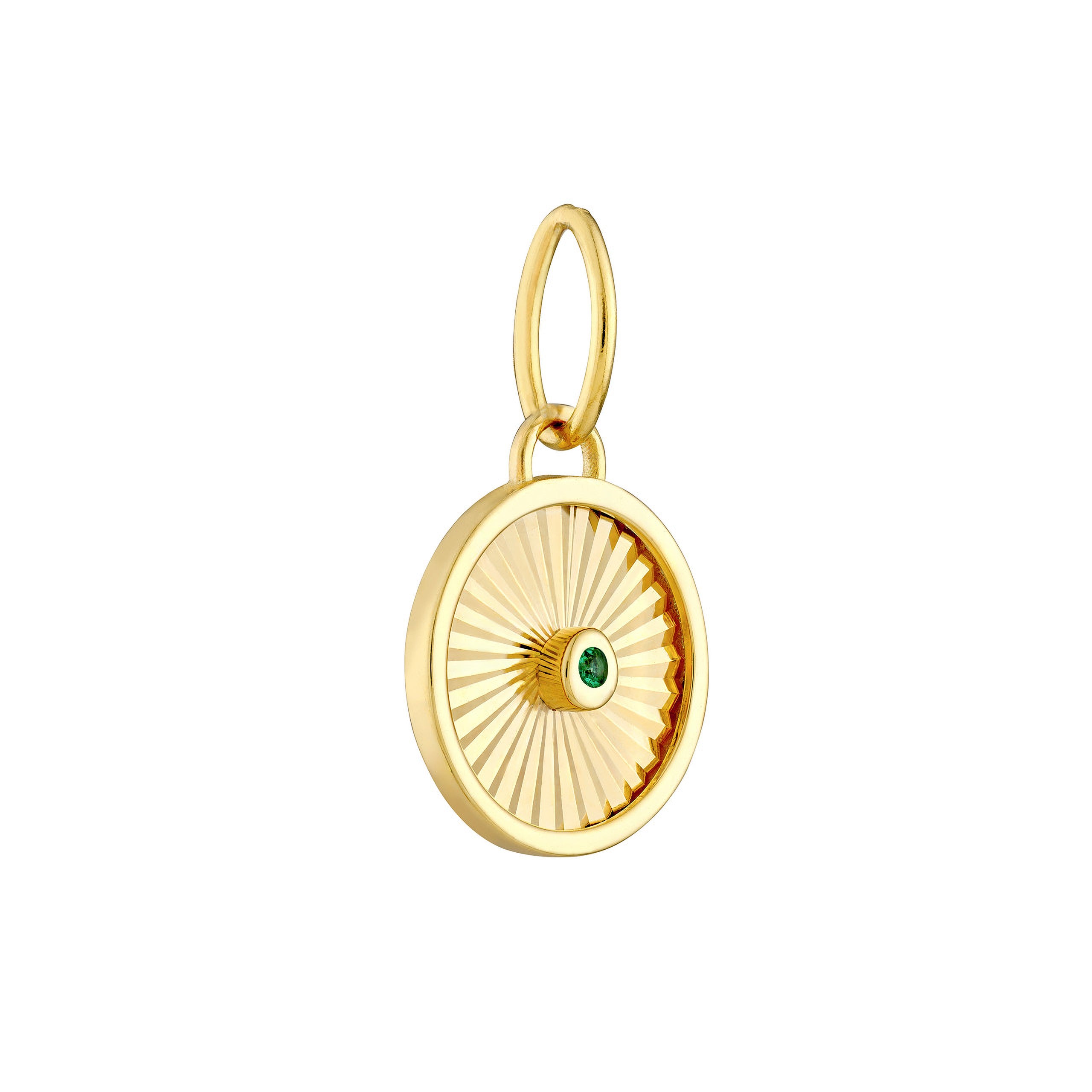 14K gold pendant with sunburst design and green gemstone, timeless fine jewelry