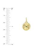 14K gold pendant with sunburst design and green gemstone, shown with size ruler for scale