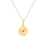 14K gold necklace with sunburst pendant and pink gemstone, timeless fine jewelry for everyday wear