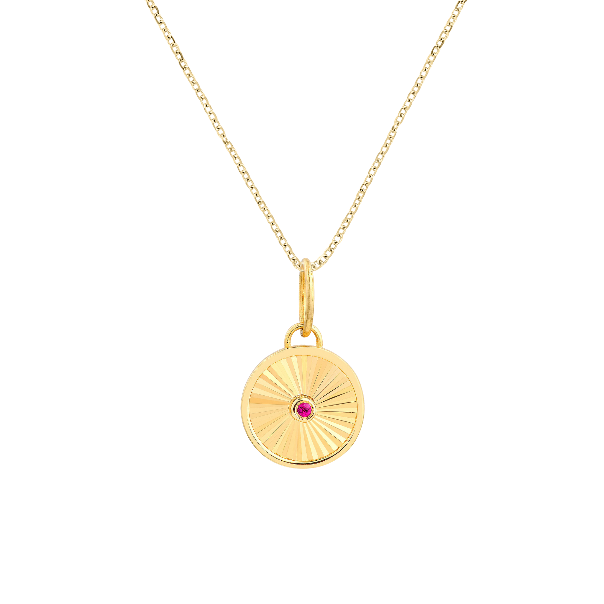 14K gold necklace with sunburst pendant and pink gemstone, timeless fine jewelry for everyday wear