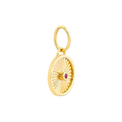 14K gold oval charm with sunburst design and ruby center, fine jewelry pendant