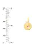 14K gold disc charm with pink gemstone, sunburst design, shown with size ruler for scale