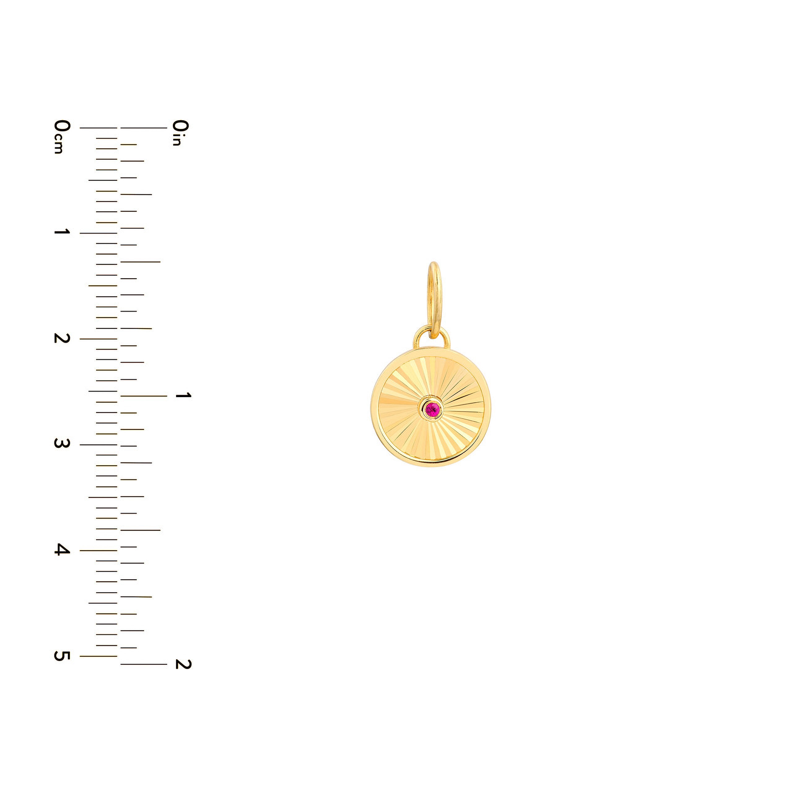 14K gold disc charm with pink gemstone, sunburst design, shown with size ruler for scale