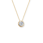 14K gold necklace with round diamond pendant on delicate chain, timeless fine jewelry