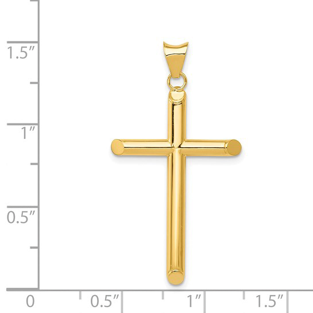 14K gold cross pendant with polished finish, shown with size scale for everyday fine jewelry
