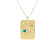 14K gold pendant necklace with turquoise stone, diamond accents, and star design on rectangular tag