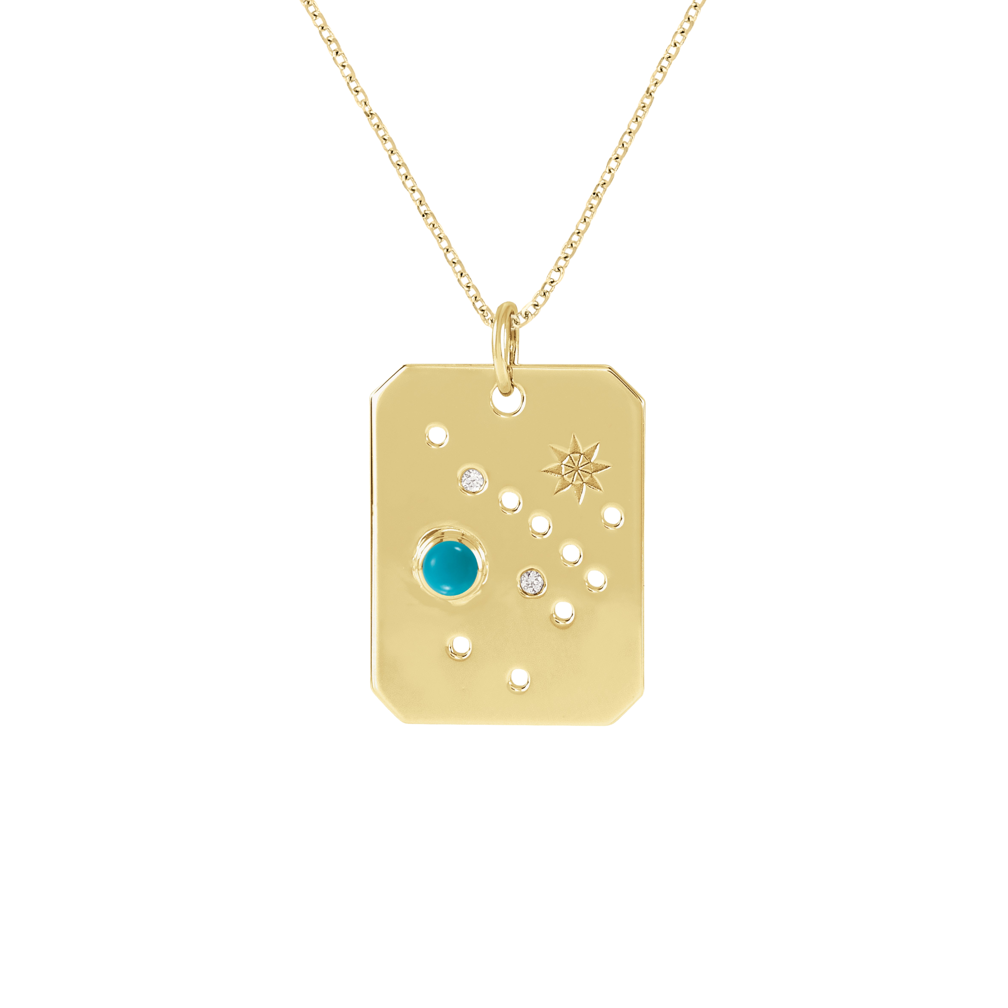 14K gold pendant necklace with turquoise stone, diamond accents, and star design on rectangular tag