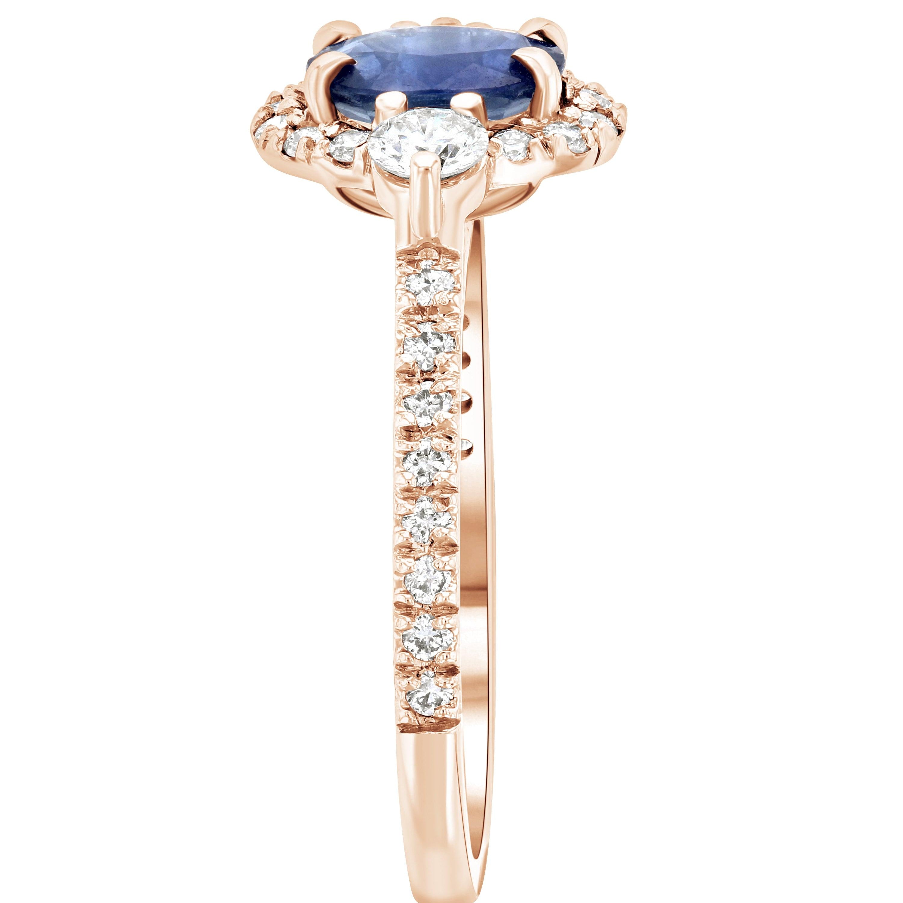 14K rose gold ring with oval blue sapphire, diamond accents, and pave band for timeless fine jewelry