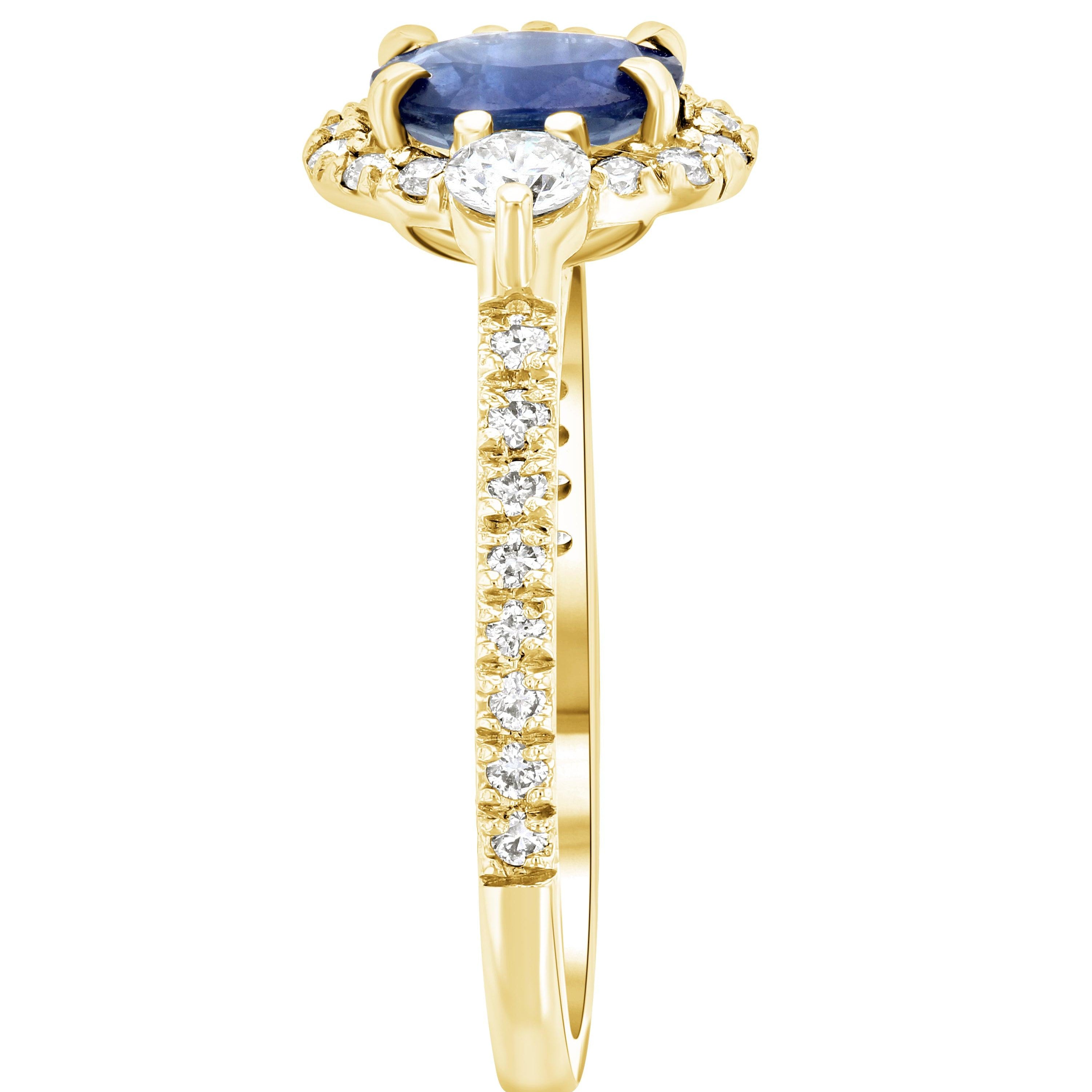 14K gold ring with oval blue sapphire, diamond accents, and pavé band for timeless fine jewelry
