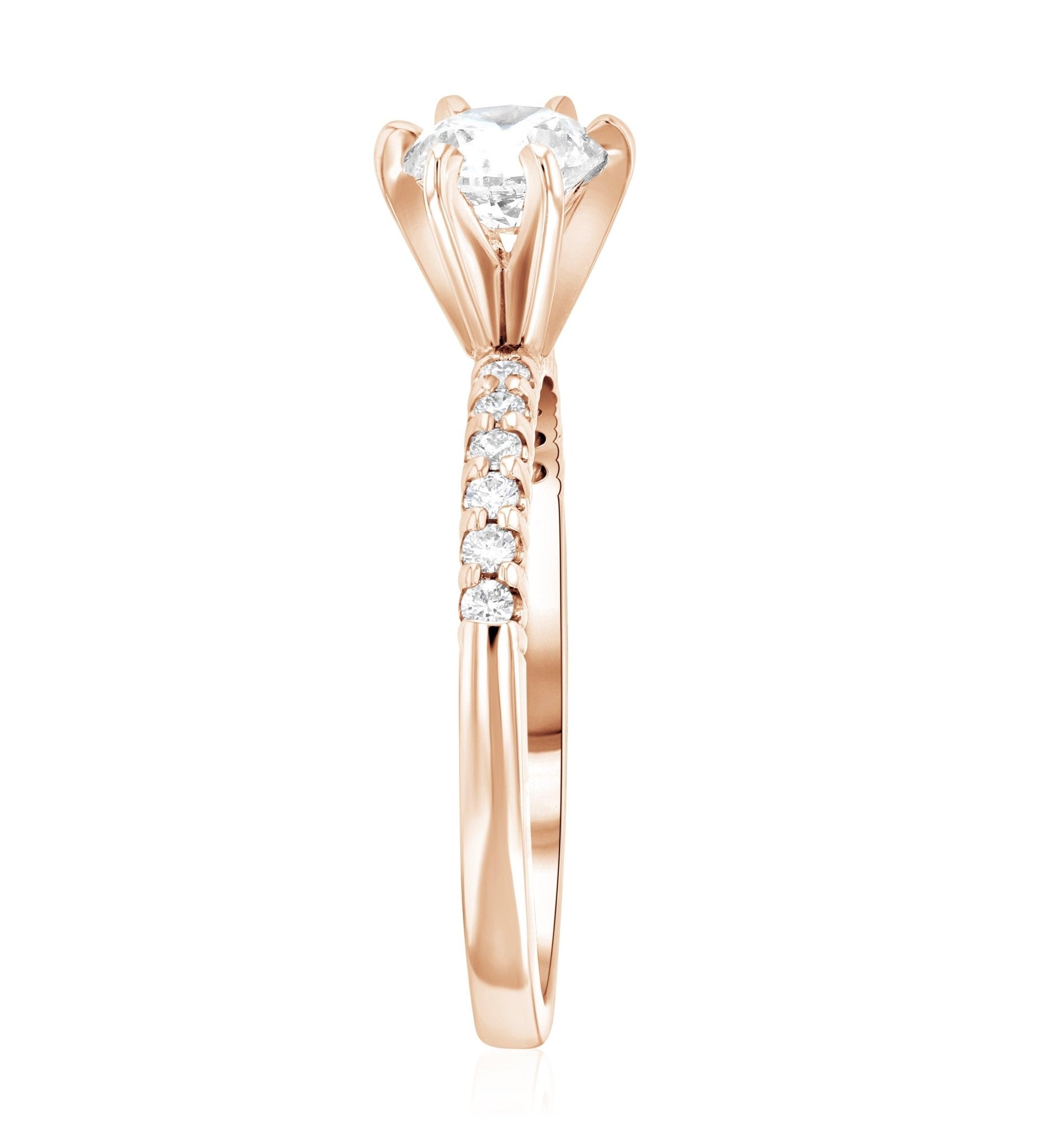 Six-Prong Pavé Round Diamond Solitaire Engagement Ring in 14k Rose Gold