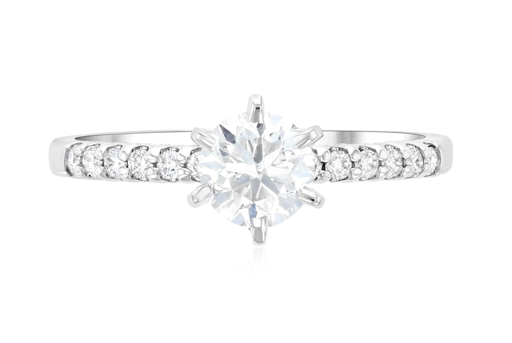 Six-Prong Pavé Round Diamond Solitaire Engagement Ring in 14k White Gold