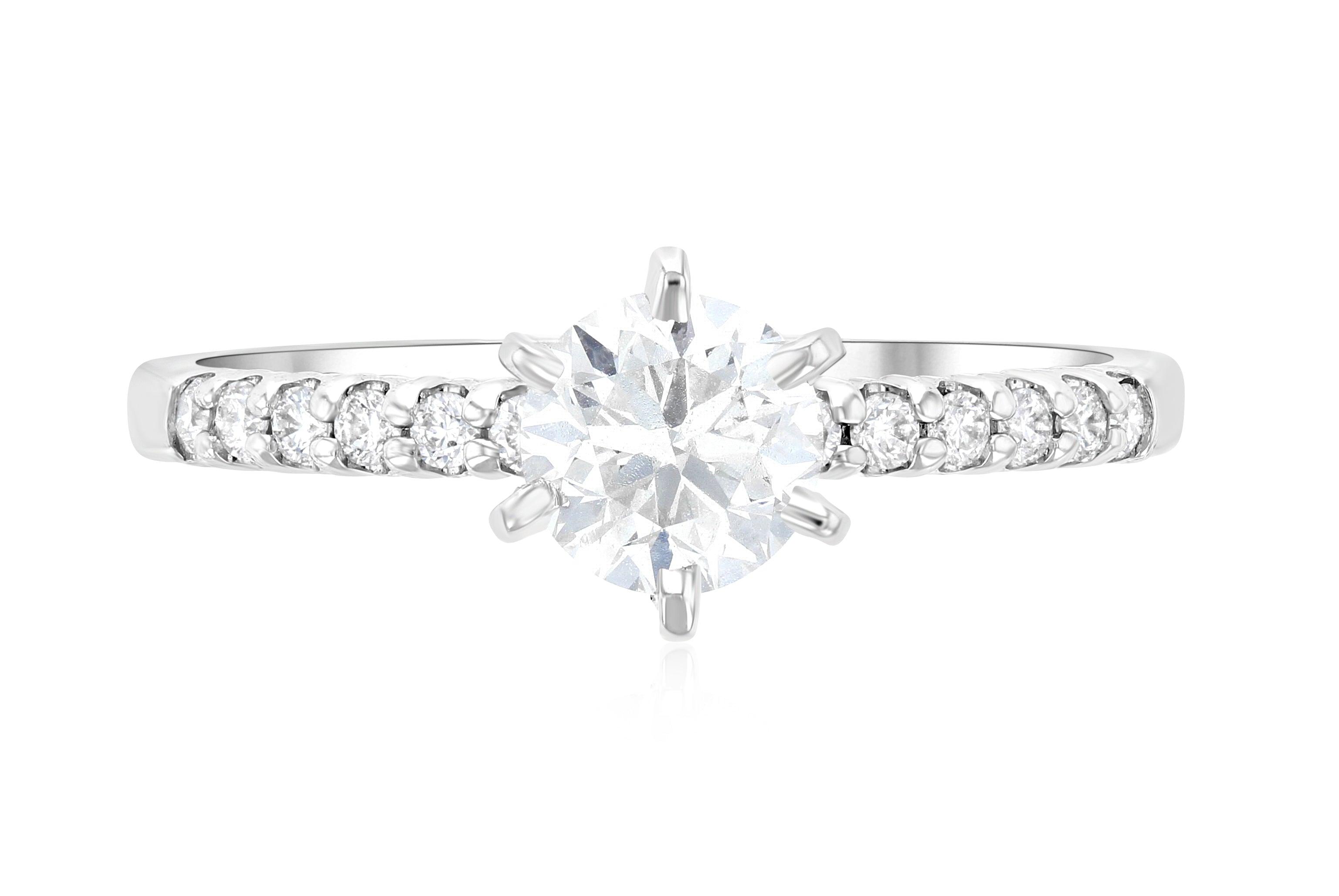 Round diamond solitaire engagement ring with pave band in 14K white gold, timeless fine jewelry