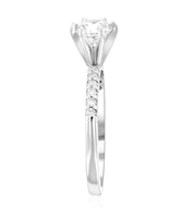 14K white gold diamond engagement ring with side stones and prong setting
