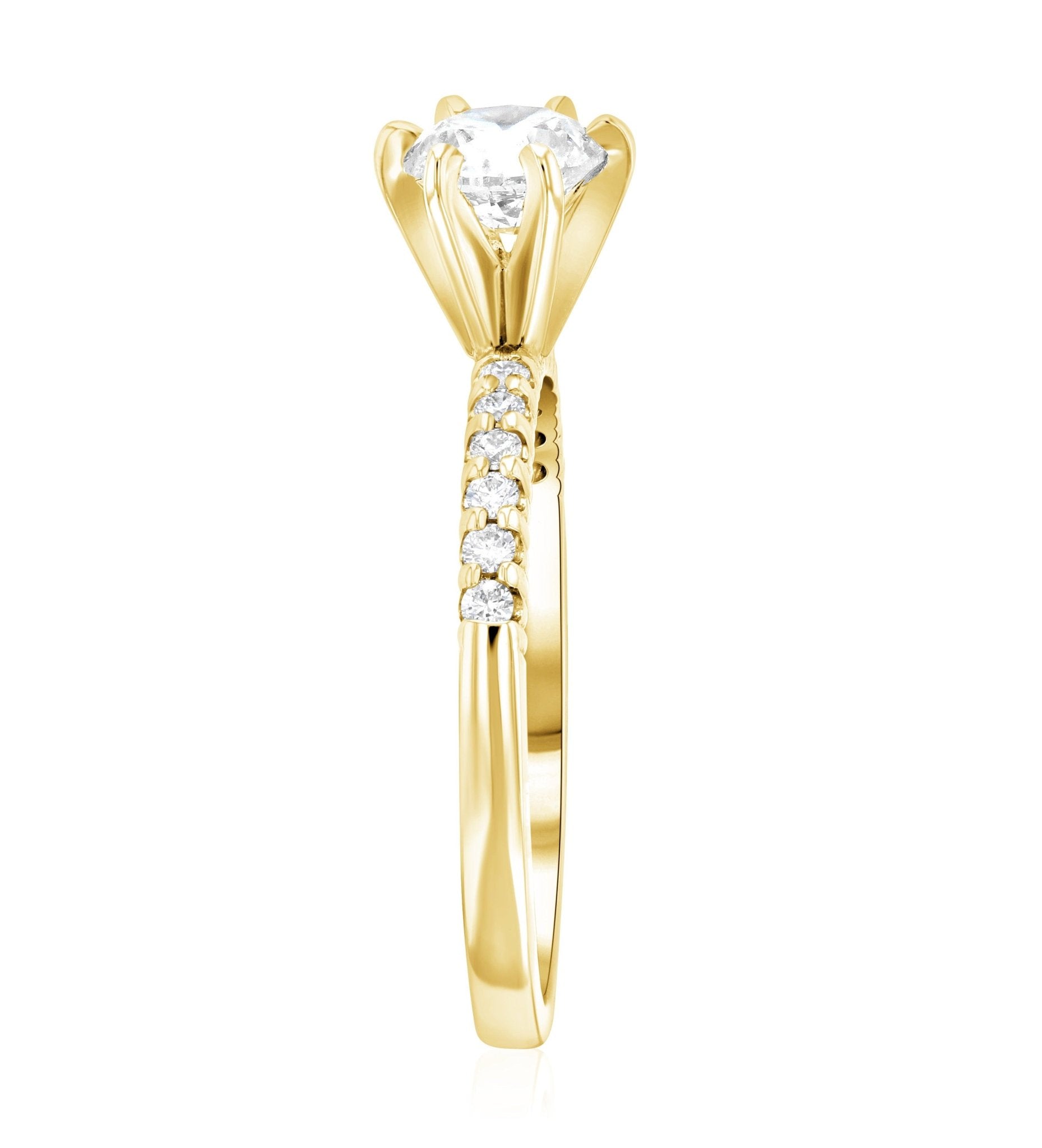 Six-Prong Pavé Round Diamond Solitaire Engagement Ring in 14k Yellow Gold