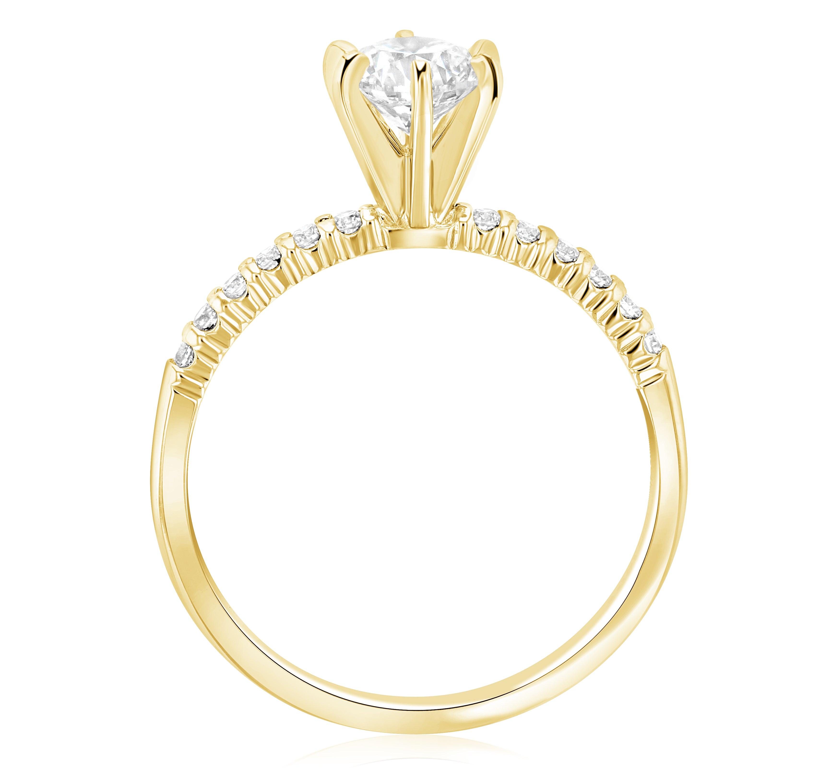 14K yellow gold diamond engagement ring with round center stone and pave band