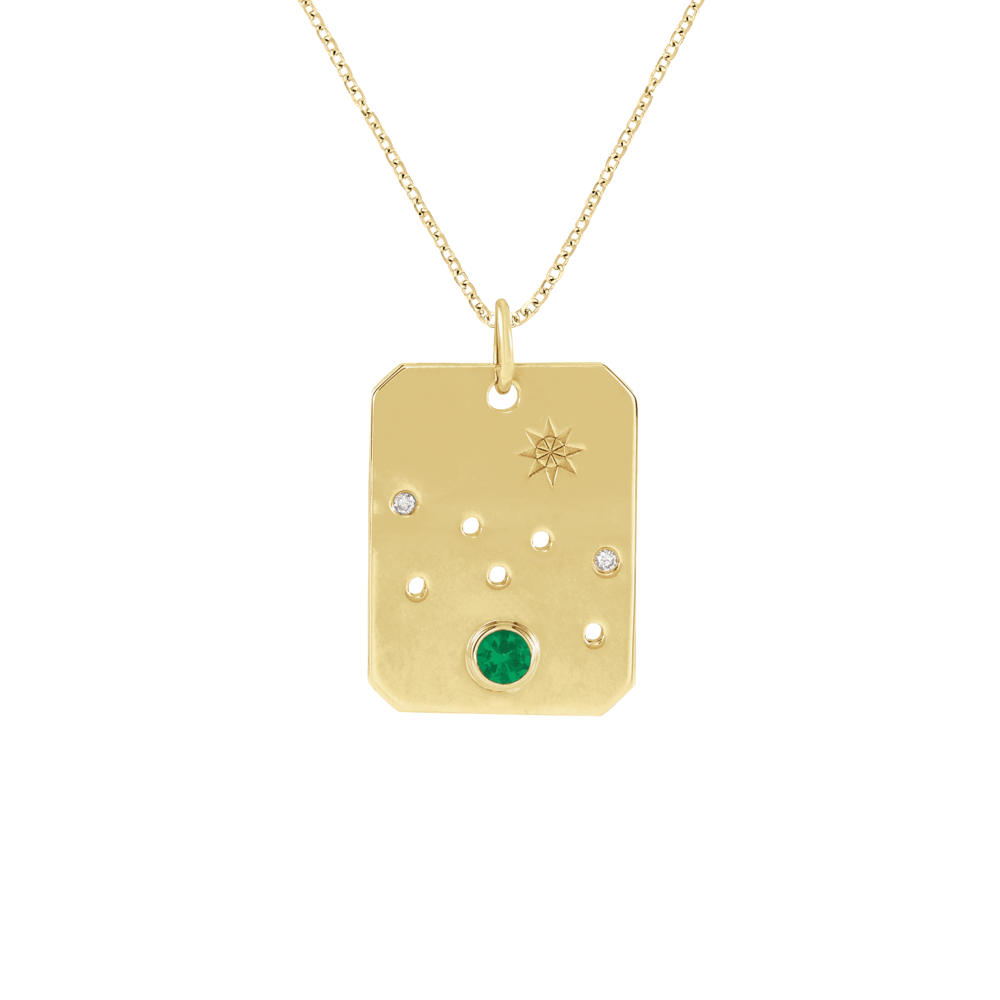 14K gold pendant necklace with emerald, diamonds, and star detail, perfect for everyday fine jewelry