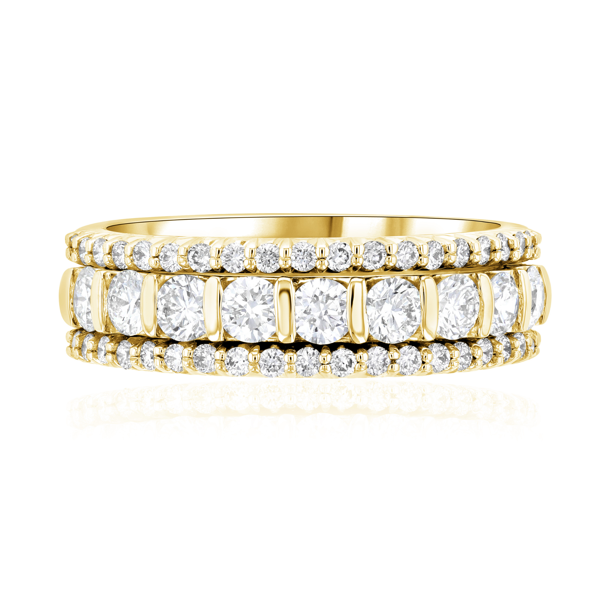 14K gold diamond eternity bands with round brilliant stones, perfect for everyday wear