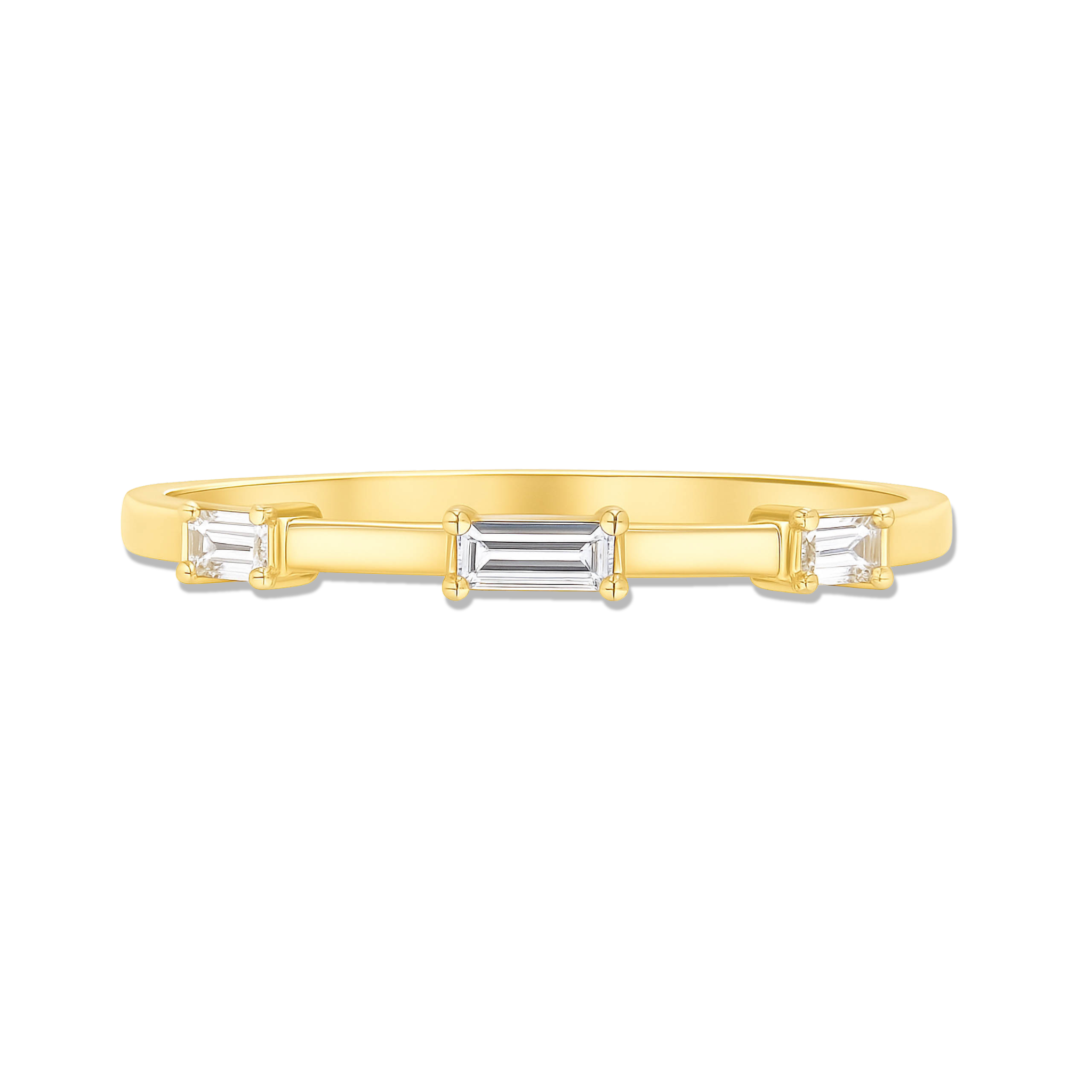 14K gold ring with three baguette-cut diamonds, timeless fine jewelry for everyday wear