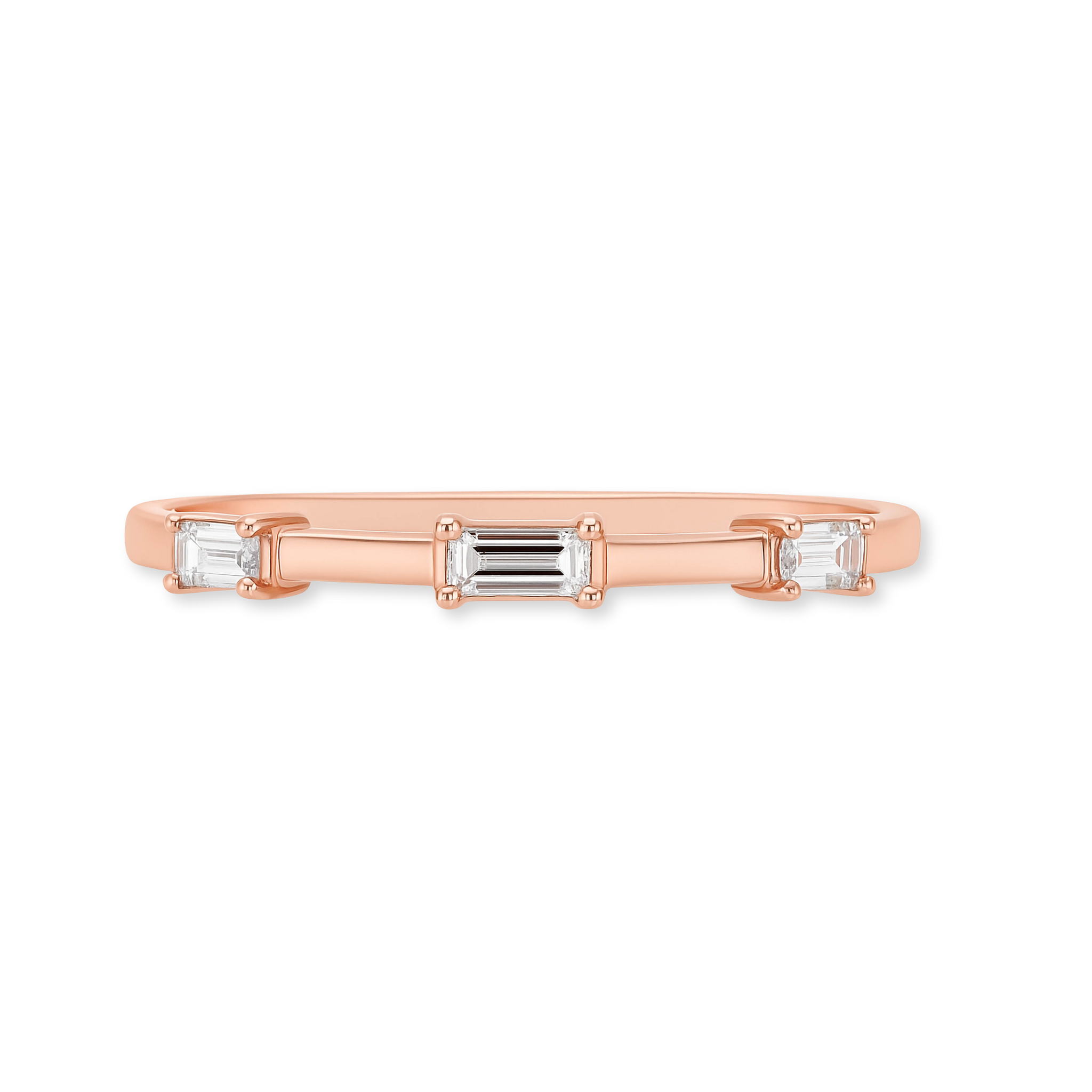14K rose gold ring with three baguette diamonds, timeless fine jewelry for everyday wear