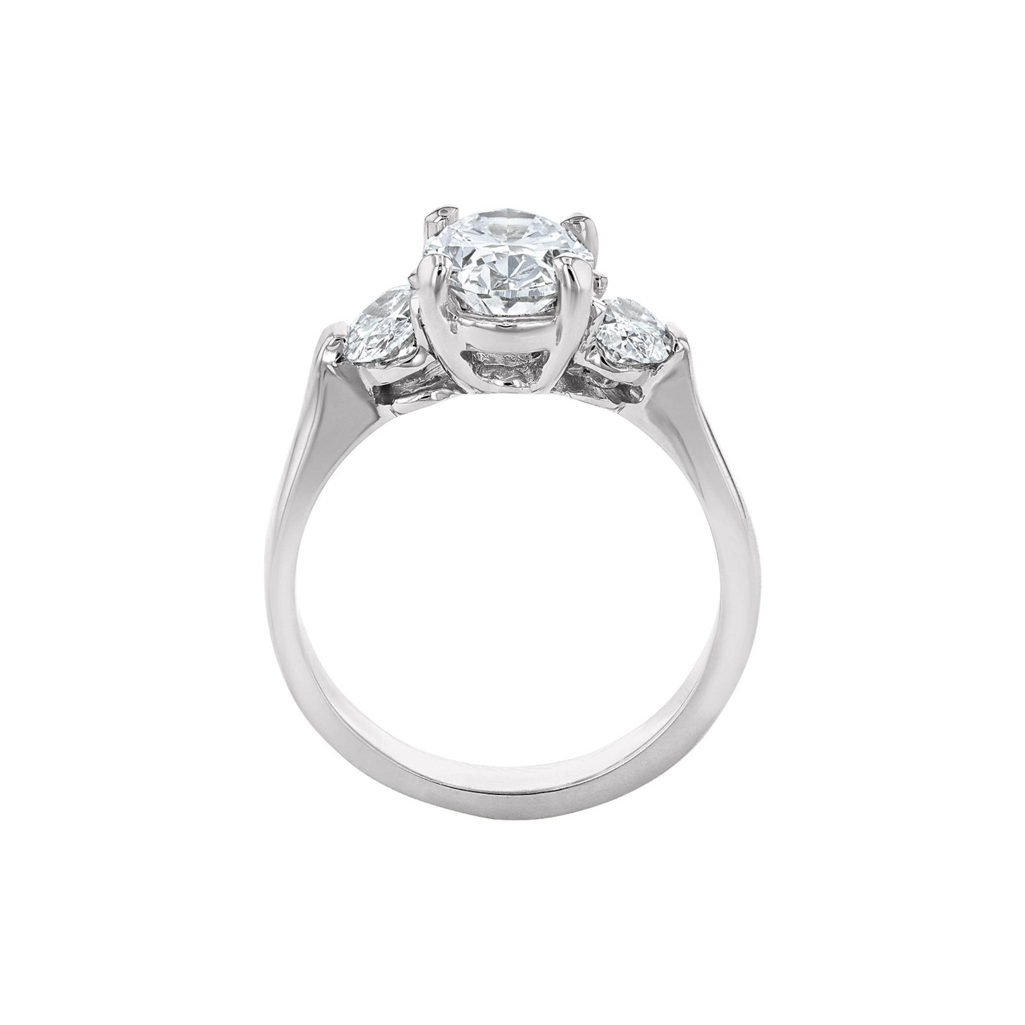 Elegant 14K gold three-stone diamond engagement ring with round center and trillion side stones