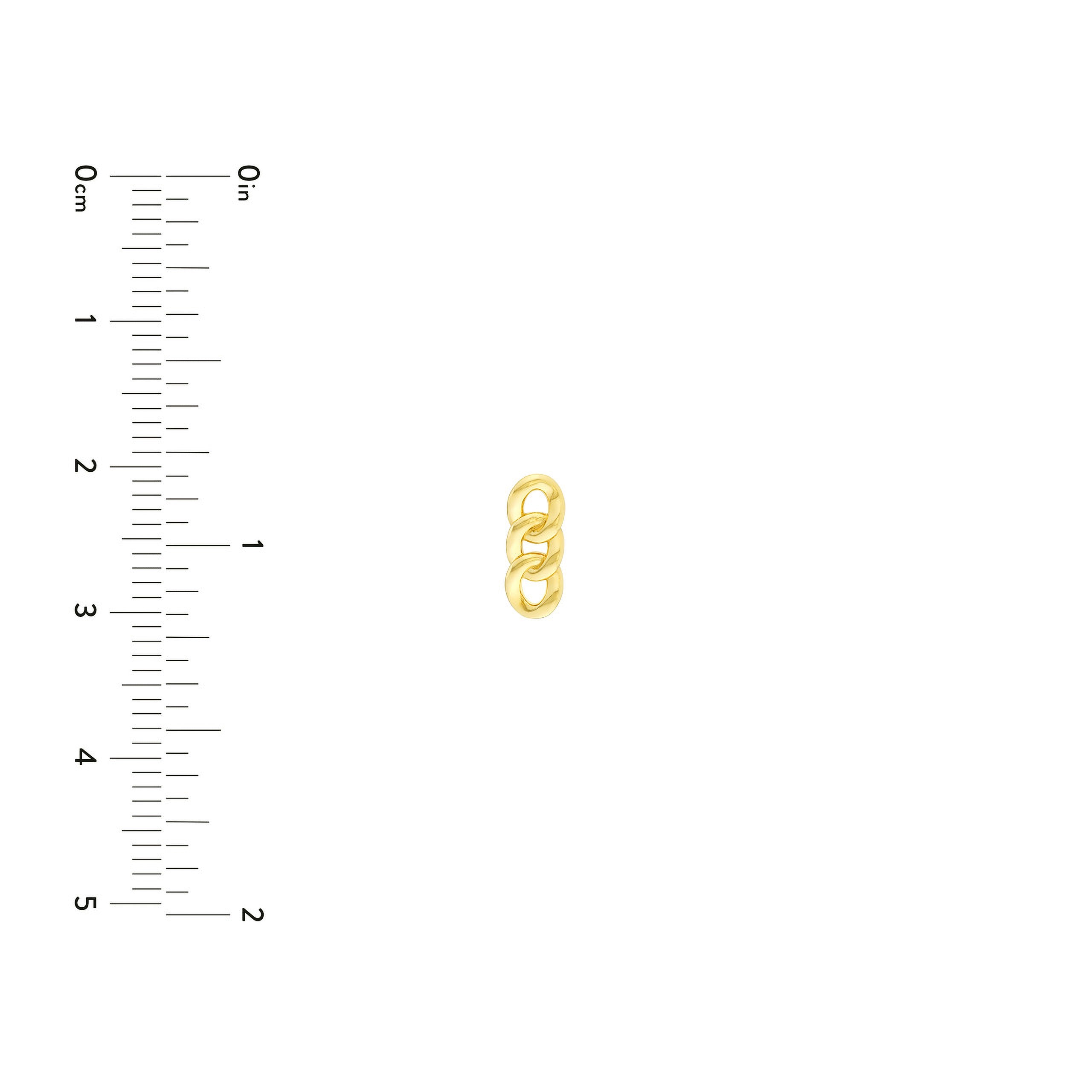 14K gold chain link charm beside ruler for scale, fine jewelry detail