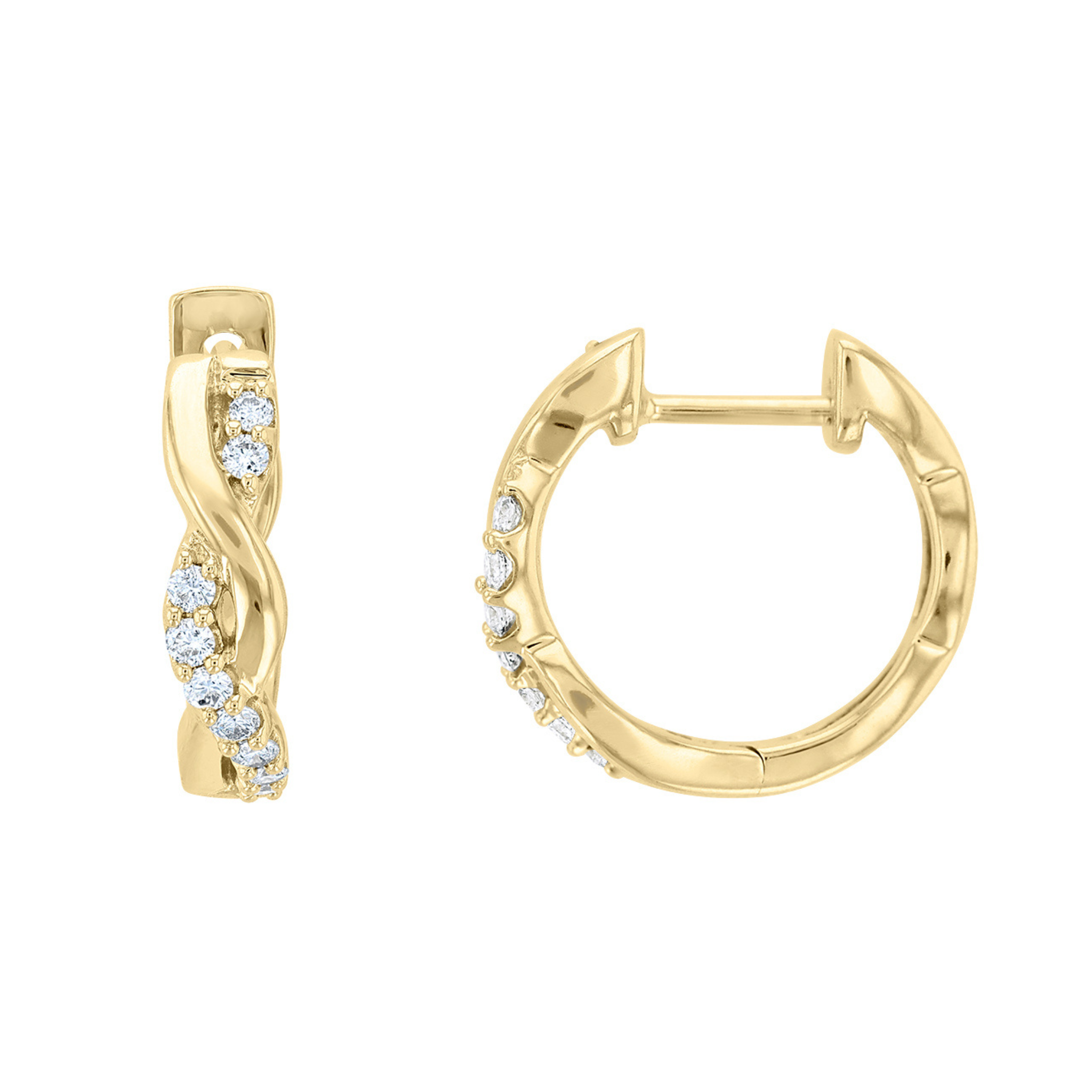 14K gold hoop earrings with diamond accents, elegant twist design for everyday wear