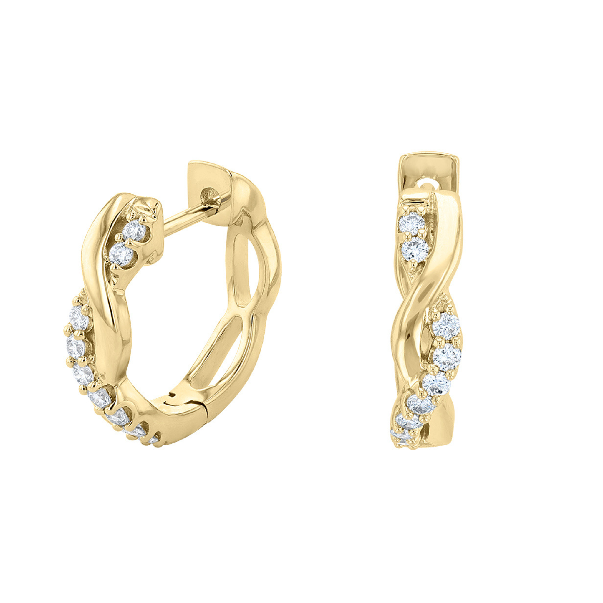 14K gold diamond hoop earrings with twisted design and sparkling stones