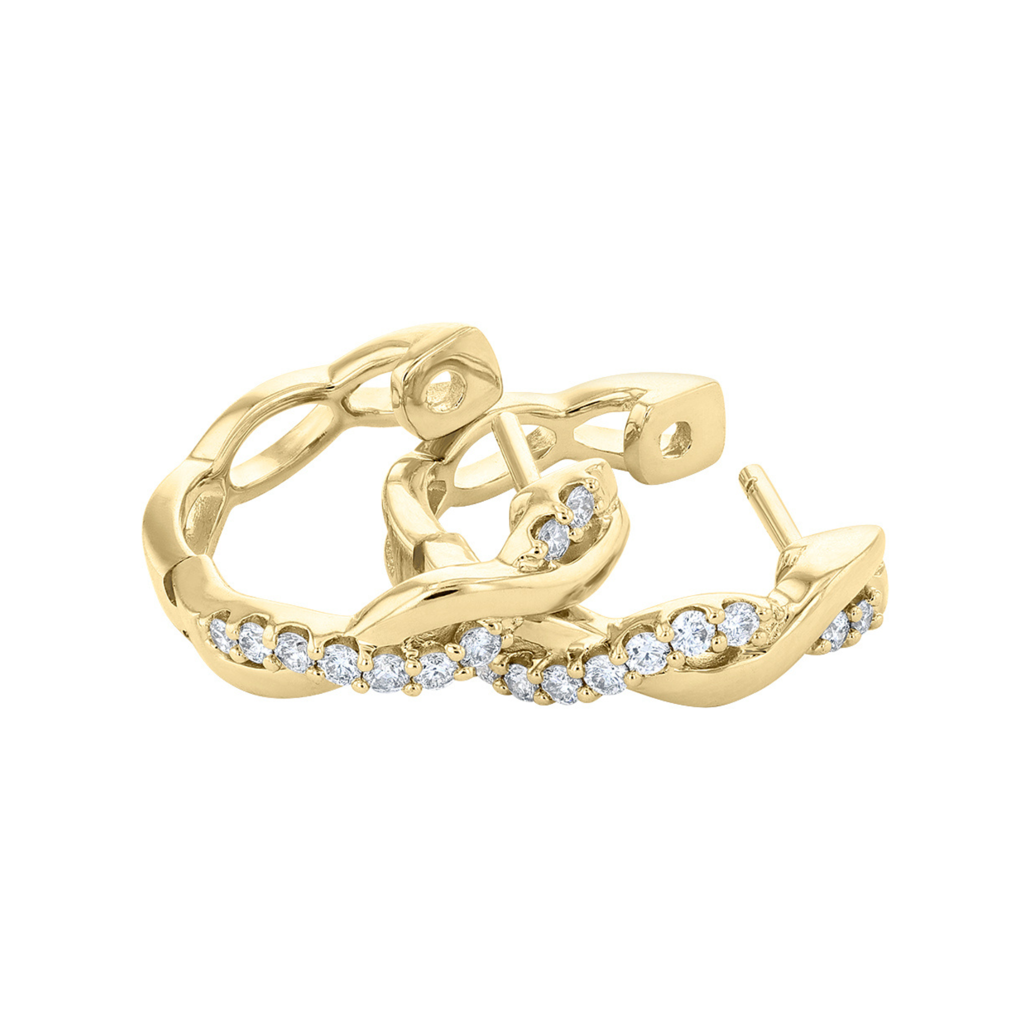 14K gold diamond hoop earrings with twisted design and pavé stones, timeless fine jewelry