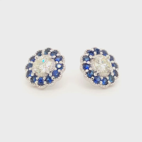 Diamond and Sapphire Flower Halo Stud Earrings