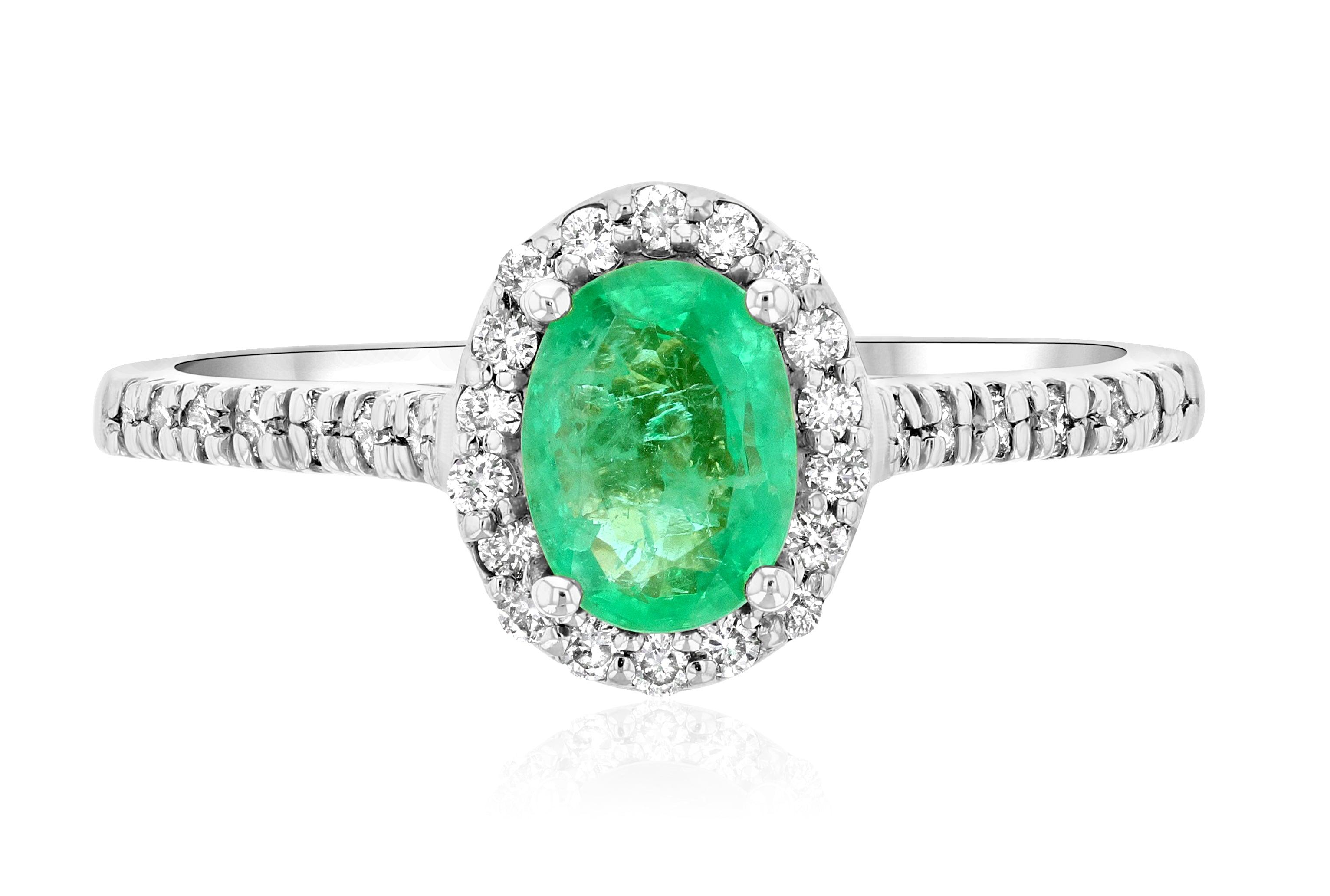 Oval Emerald and Diamond Halo Engagement Ring in 14k White Gold - Iris + Mill