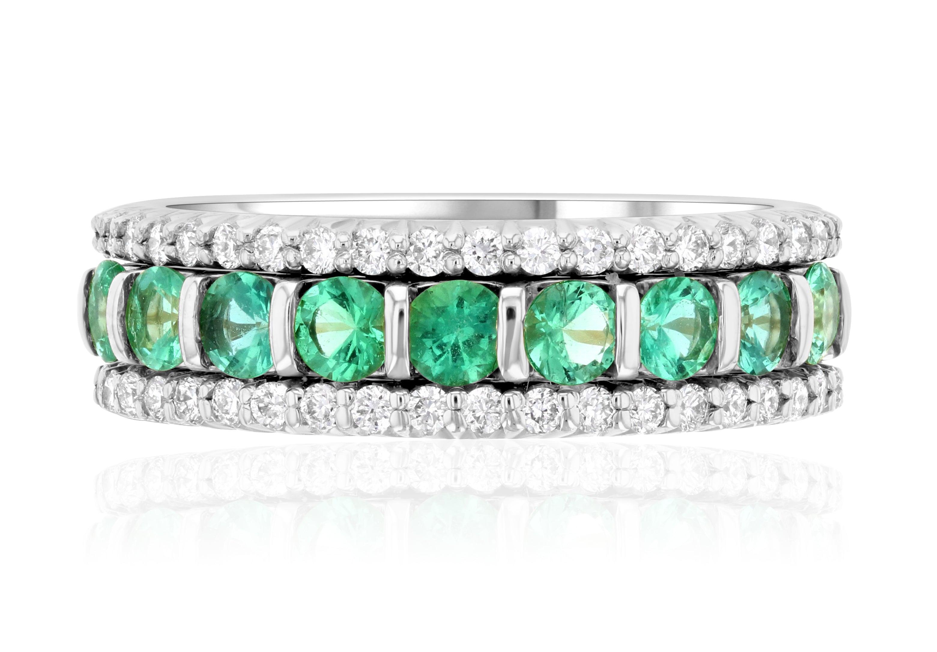 Petite Three-Row Diamond and Emerald Ring Stack in 14k White Gold (1.12 ct. tw.) - Iris + Mill